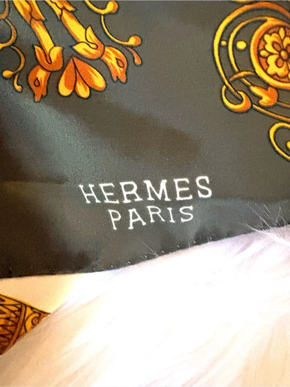 Hermes Olive Green, Gold & Blue Musical Instrument Silk Scarf